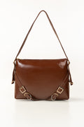 Brown Glossy Faux Leather Shoulder Bag with Gold-Tone Buckle
