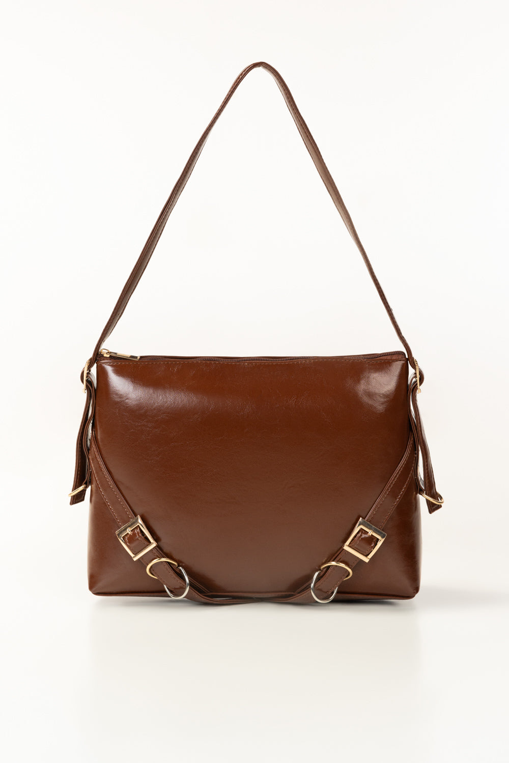 Brown Glossy Faux Leather Shoulder Bag with Gold-Tone Buckle