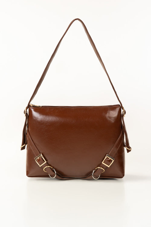 Brown Glossy Faux Leather Shoulder Bag with Gold-Tone Buckle
