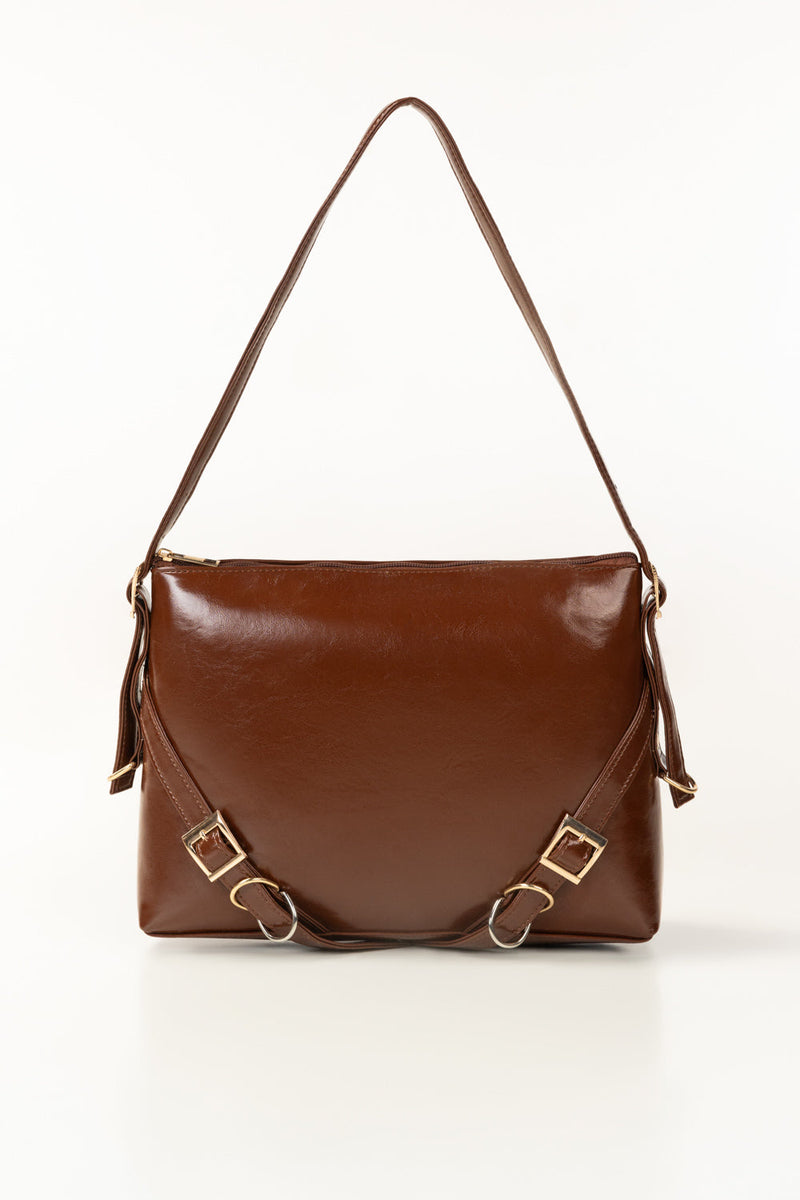 Brown Glossy Faux Leather Shoulder Bag with Gold-Tone Buckle