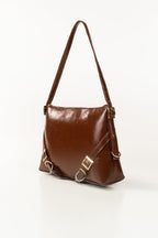 Brown Glossy Faux Leather Shoulder Bag with Gold-Tone Buckle