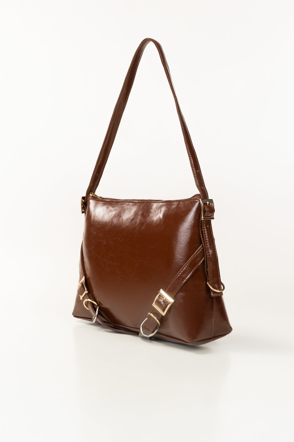 Brown Glossy Faux Leather Shoulder Bag with Gold-Tone Buckle