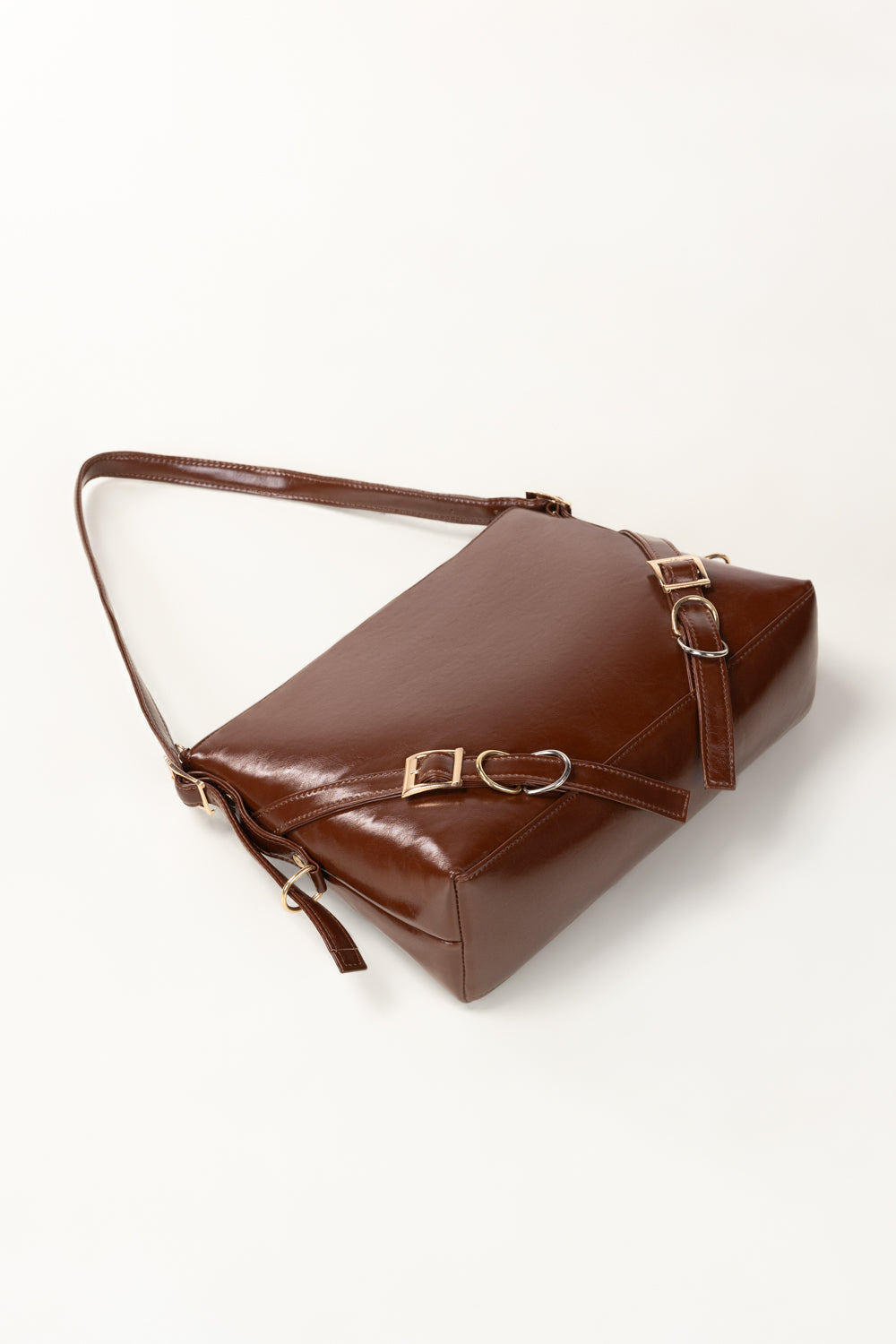 Brown Glossy Faux Leather Shoulder Bag with Gold-Tone Buckle