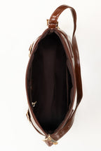 Brown Glossy Faux Leather Shoulder Bag with Gold-Tone Buckle
