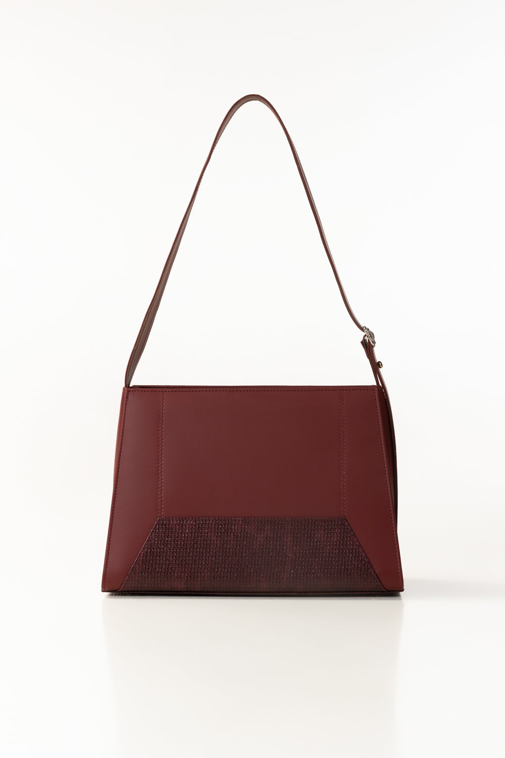 Maroon Faux Leather Shoulder Bag with Textured Panel & Slim Strap