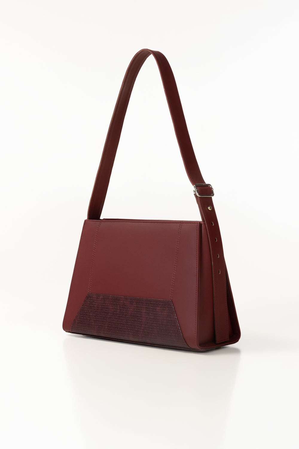 Maroon Faux Leather Shoulder Bag with Textured Panel & Slim Strap