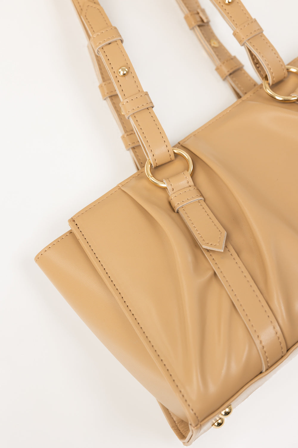 Beige Faux Leather Shoulder Bag with Gold-Tone Hardware & Adjustable Strap