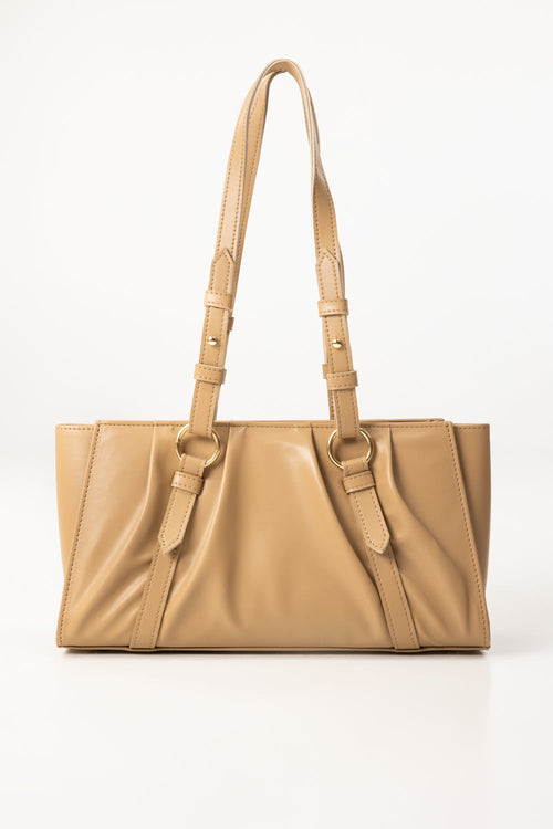 Beige Faux Leather Shoulder Bag with Gold-Tone Hardware & Adjustable Strap