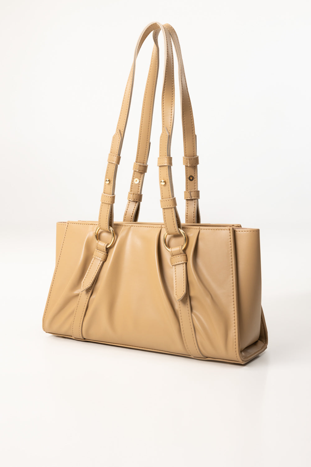 Beige Faux Leather Shoulder Bag with Gold-Tone Hardware & Adjustable Strap