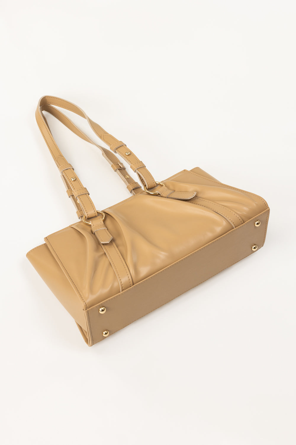 Beige Faux Leather Shoulder Bag with Gold-Tone Hardware & Adjustable Strap