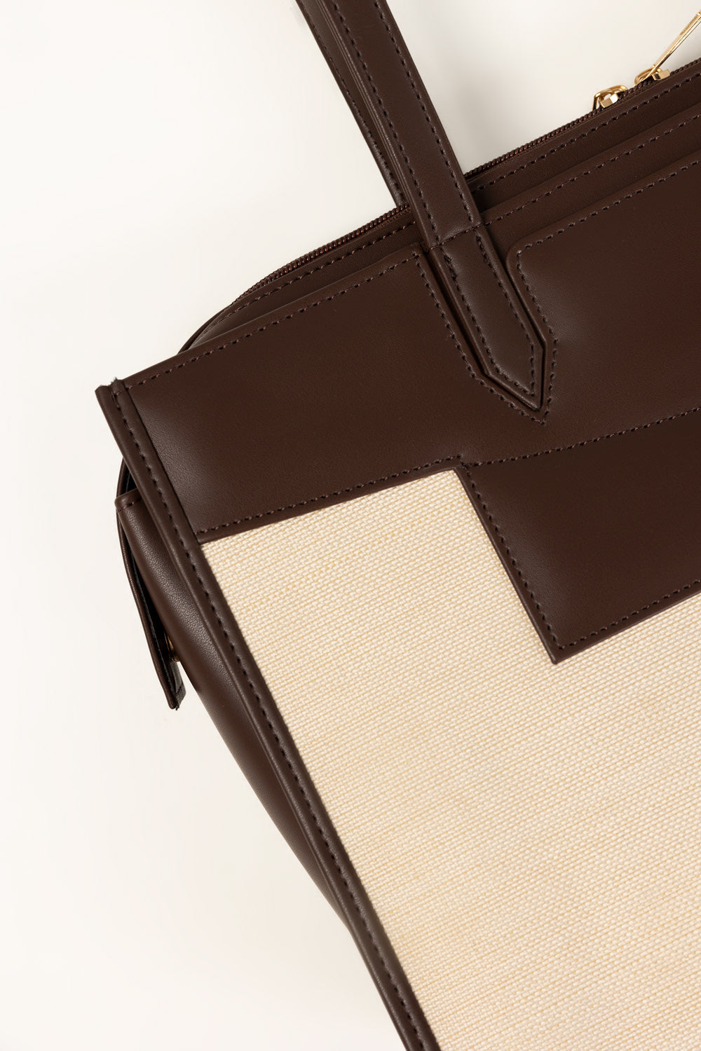 Brown Faux Leather & Canvas Tote Bag with Pouch