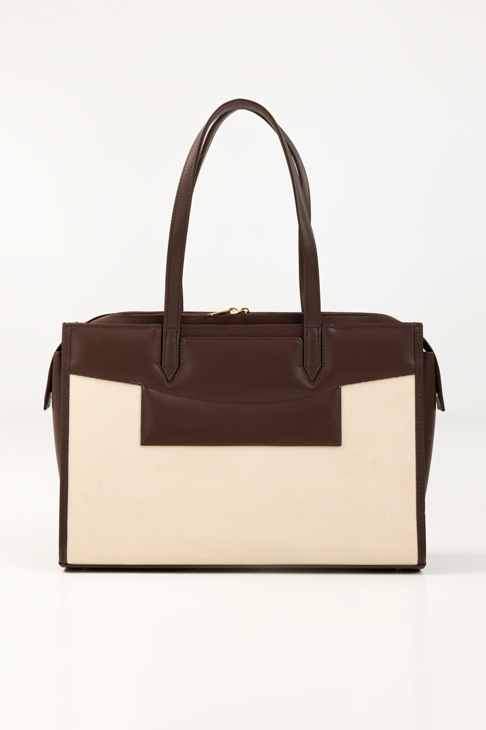 Brown Faux Leather & Canvas Tote Bag with Pouch