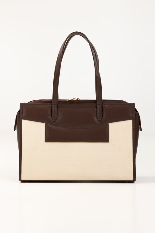 Brown Faux Leather & Canvas Tote Bag with Pouch