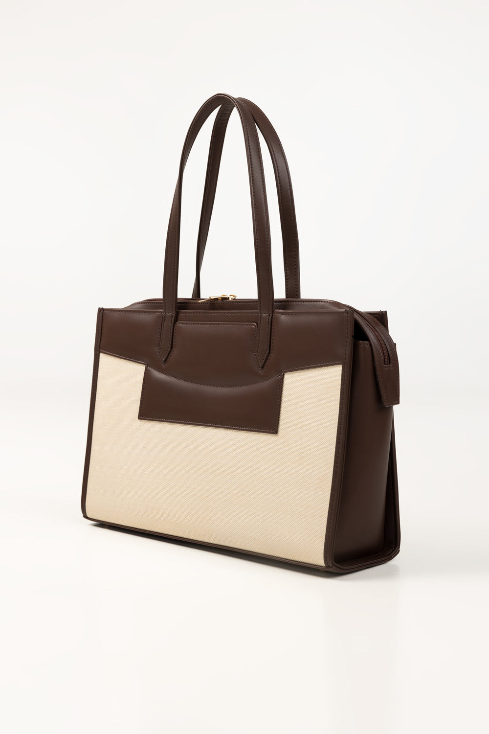 Brown Faux Leather & Canvas Tote Bag with Pouch