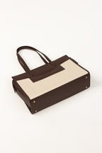 Brown Faux Leather & Canvas Tote Bag with Pouch