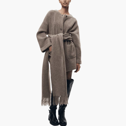 Women's Long Sleeve Button-Up Cardigan with Matching Scarf Brown