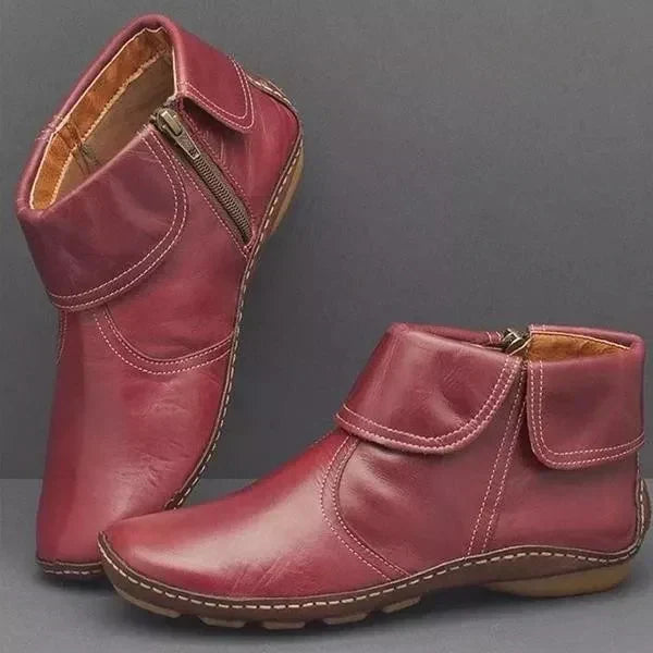 Women's Effortless Buckle Flat Ankle Boots with Non-Slip Sole Red