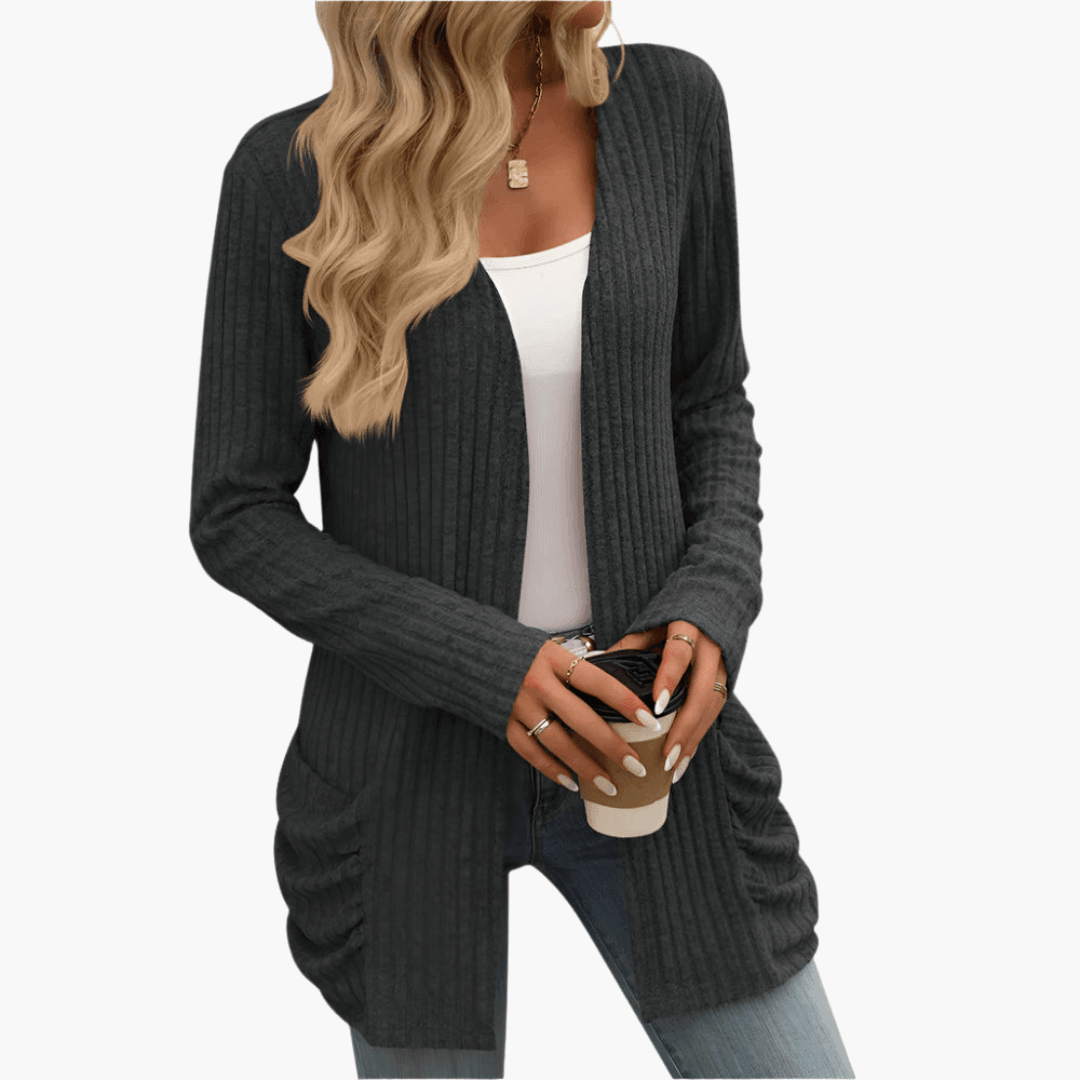 Women's Chunky Knit Cardigan with Long Sleeves and Cable Design Black