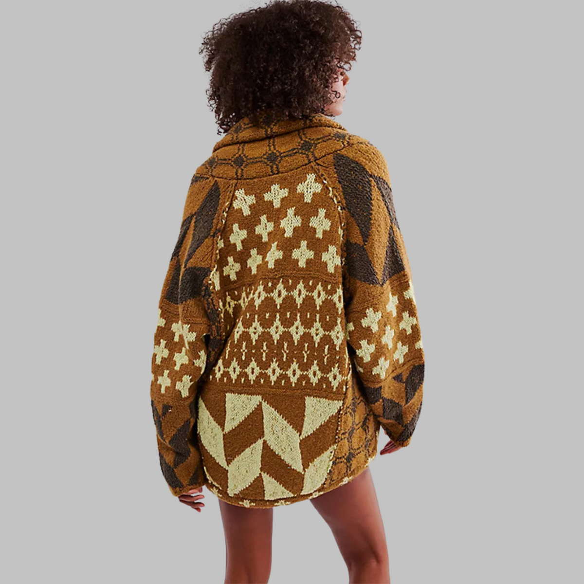 Women's Oversized Cardigan with Button-Down Collar and Long Sleeves Brown One Size