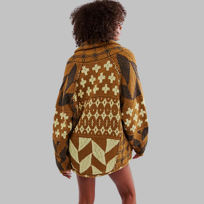 Women's Oversized Cardigan with Button-Down Collar and Long Sleeves Brown One Size