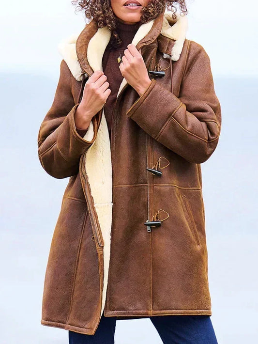 Women's Faux Suede Hooded Shearling-Style Coat for Daily Use Brown