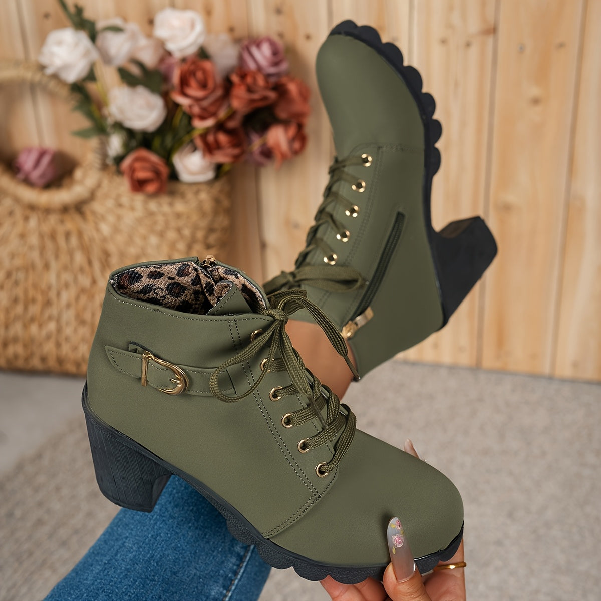 Women's Elegant Lace Up Ankle Boots with Block Heel for Daily Use Green