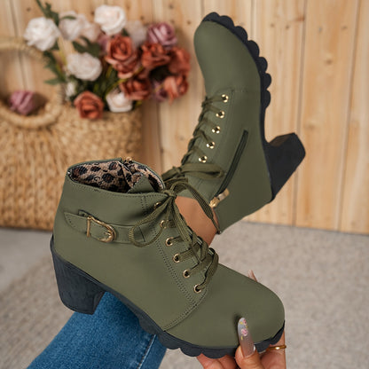 Women's Elegant Lace Up Ankle Boots with Block Heel for Daily Use Green