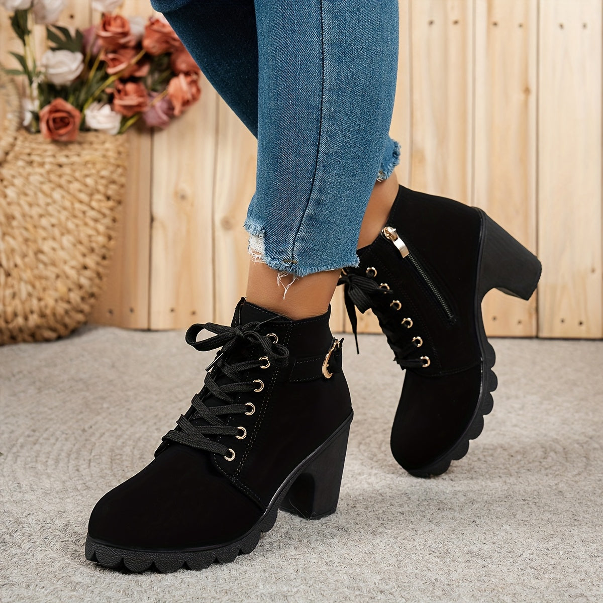 Women's Elegant Lace Up Ankle Boots with Block Heel for Daily Use