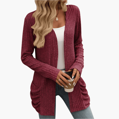 Women's Chunky Knit Cardigan with Long Sleeves and Cable Design Wine Red