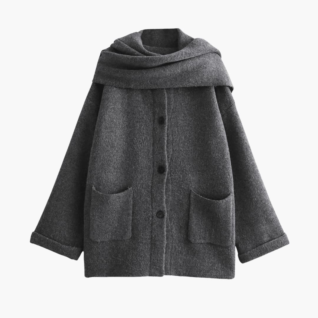 Women's Long Sleeve Button-Up Cardigan with Matching Scarf Gray