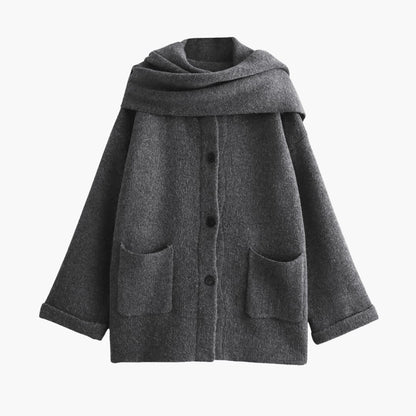 Women's Long Sleeve Button-Up Cardigan with Matching Scarf Gray