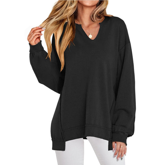 Women's Oversized V-Neck Long Sleeve Tunic Sweatshirt for Daily Use Black