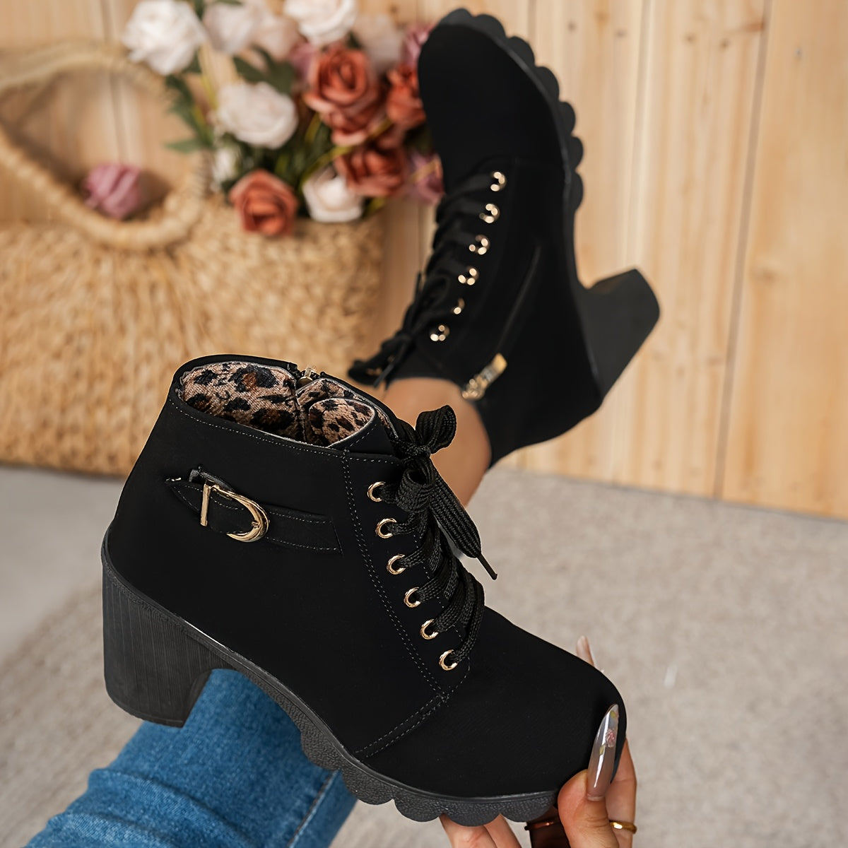 Women's Elegant Lace Up Ankle Boots with Block Heel for Daily Use Black