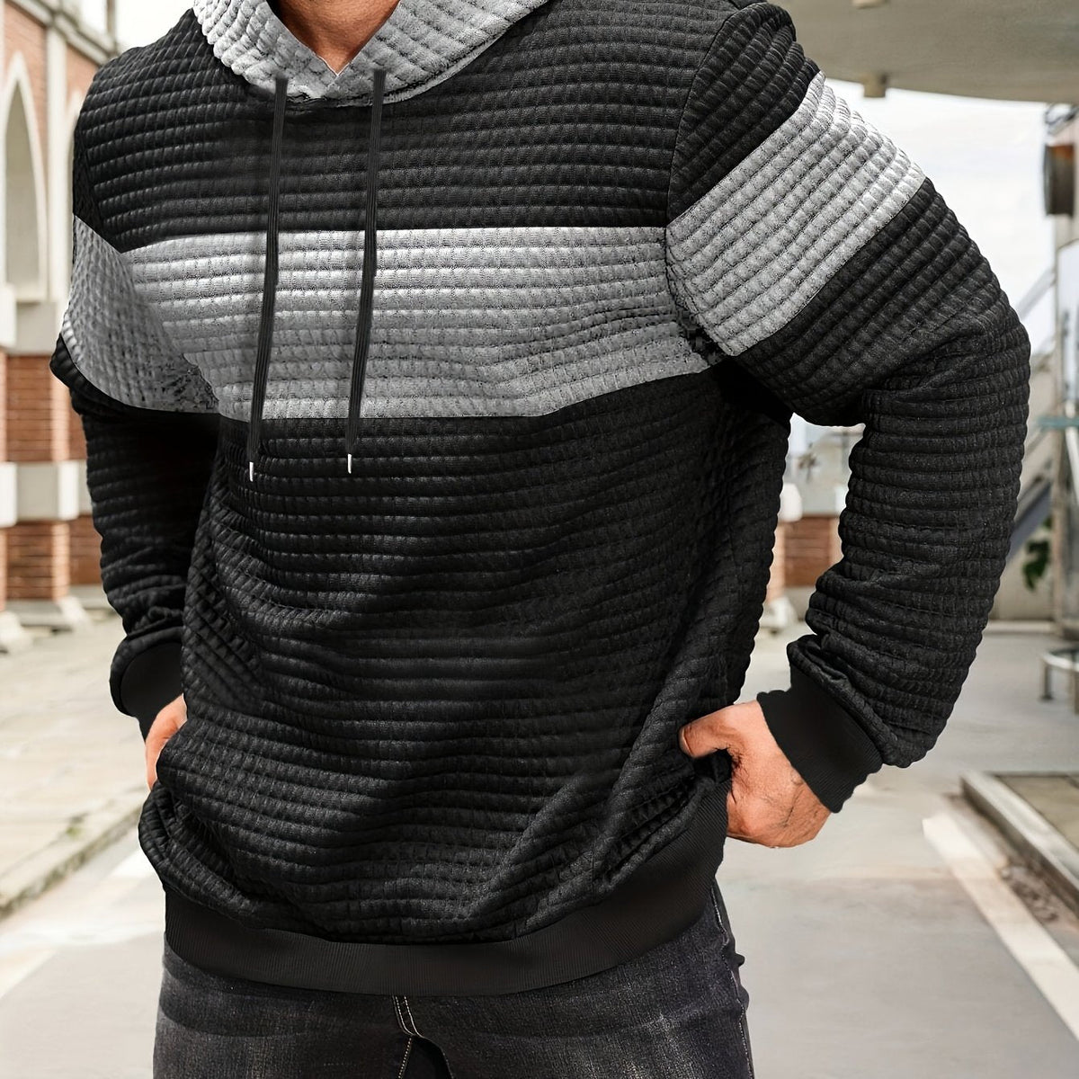 Men's Color-Block Textured Hoodie for Fall and Winter Everyday Wear Light Grey