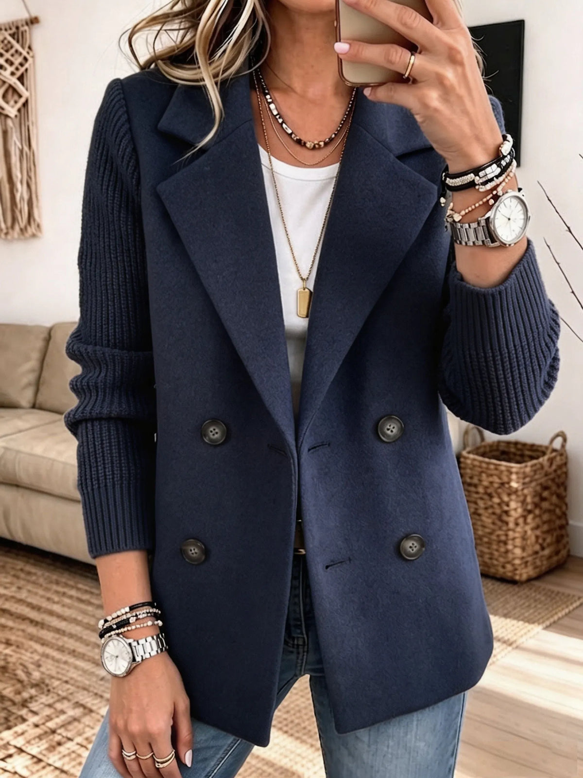 Women's Double-Breasted Blazer with Ribbed Knit Sleeves Blue