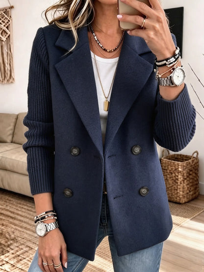 Women's Double-Breasted Blazer with Ribbed Knit Sleeves Blue