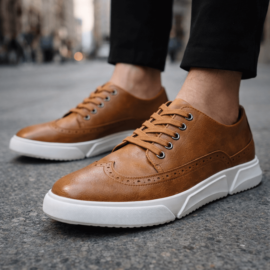 Men's Stylish Leather Brogue Sneakers for Daily Use Warm Light Brown