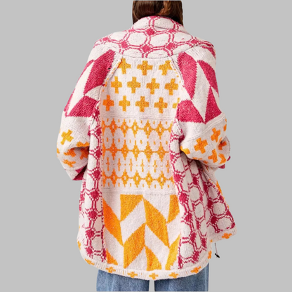 Women's Oversized Cardigan with Button-Down Collar and Long Sleeves Red One Size