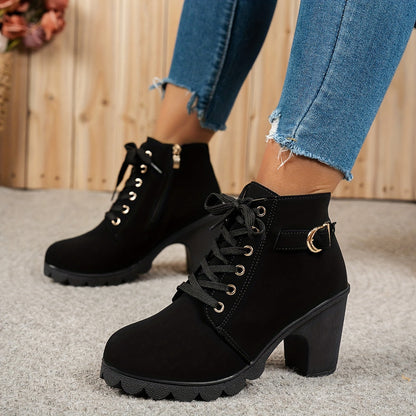 Women's Elegant Lace Up Ankle Boots with Block Heel for Daily Use
