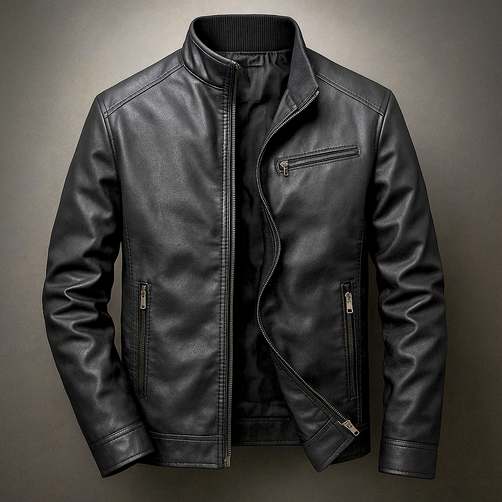 Men's Leather Jacket with Corduroy Trim Collar for Daily Use Classic Black