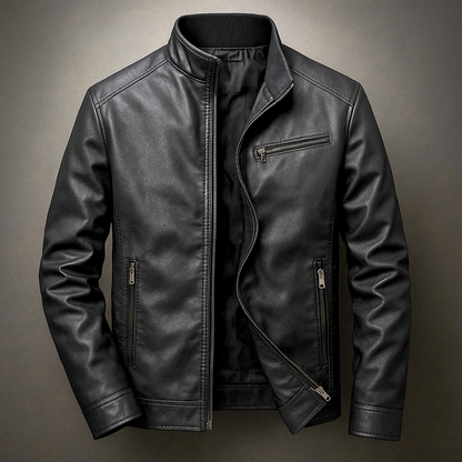 Men's Leather Jacket with Corduroy Trim Collar for Daily Use Classic Black