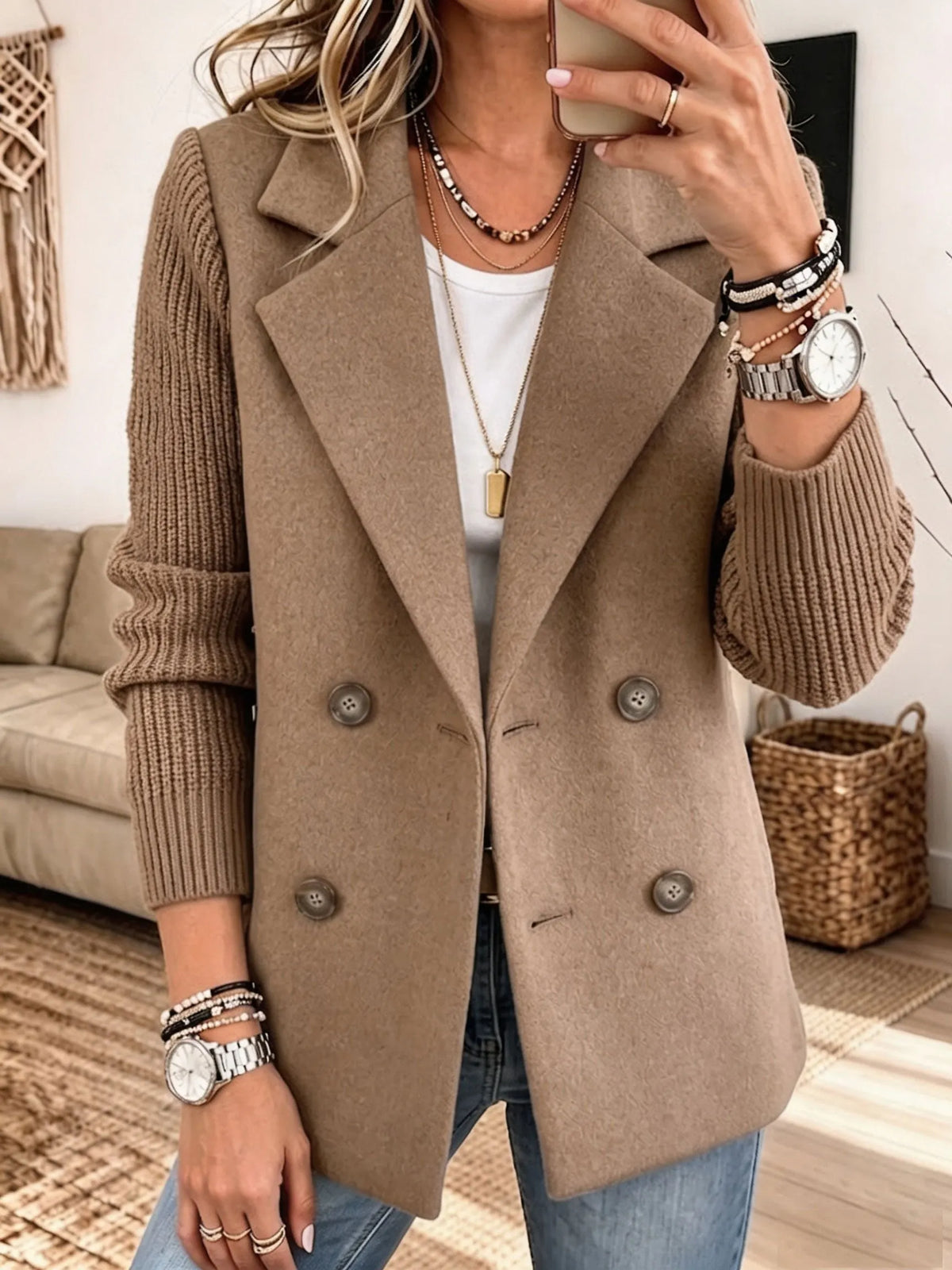 Women's Double-Breasted Blazer with Ribbed Knit Sleeves Brown