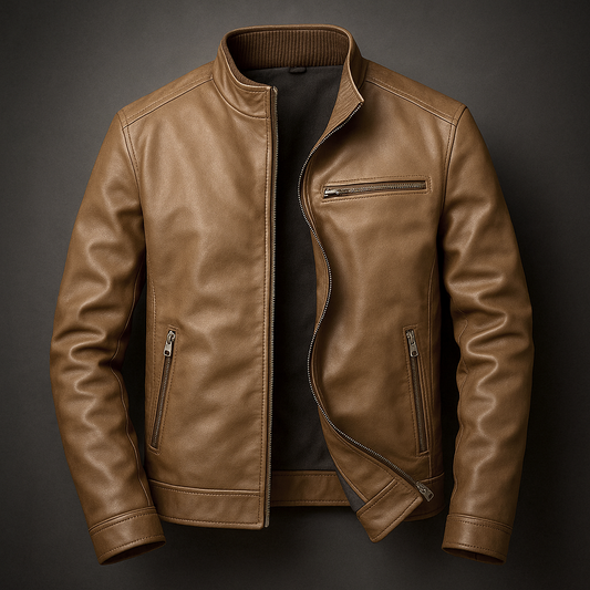 Men's Leather Jacket with Corduroy Trim Collar for Daily Use Cigar Brown