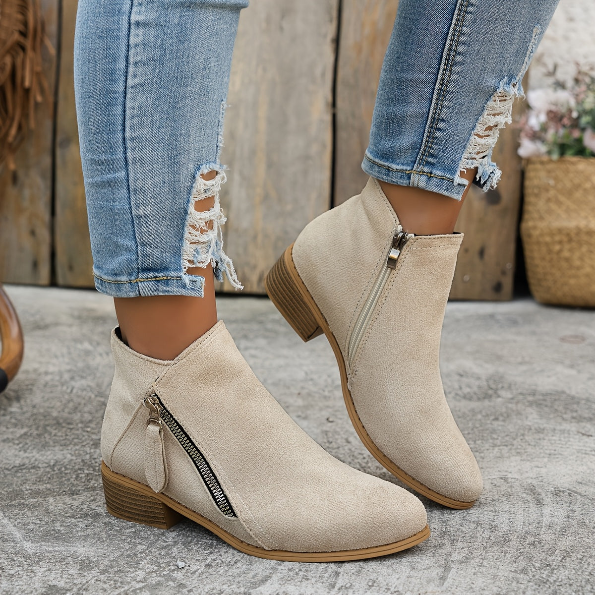 Women's Effortless Zip Ankle Boots with Low Block Heel for Daily Use Beige