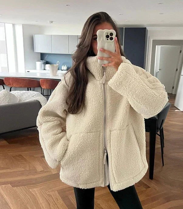 Women's Oversized Teddy Jacket with Zip Front and Stand Collar Pockets White