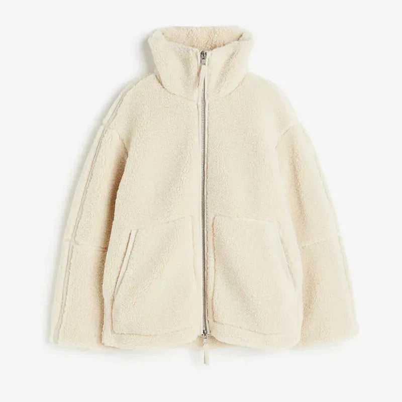 Women's Oversized Teddy Jacket with Zip Front and Stand Collar Pockets