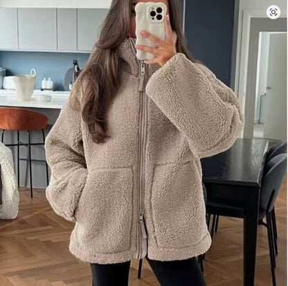 Women's Oversized Teddy Jacket with Zip Front and Stand Collar Pockets Brown