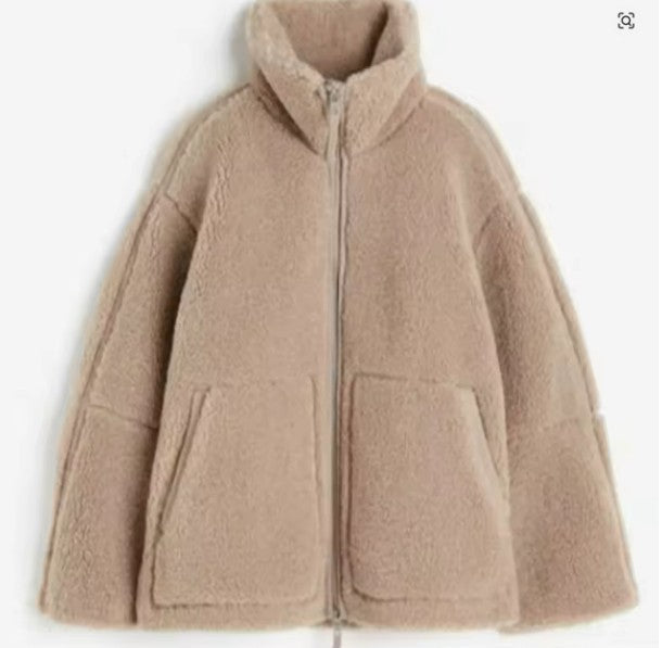 Women's Oversized Teddy Jacket with Zip Front and Stand Collar Pockets Beige