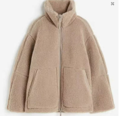 Women's Oversized Teddy Jacket with Zip Front and Stand Collar Pockets Beige