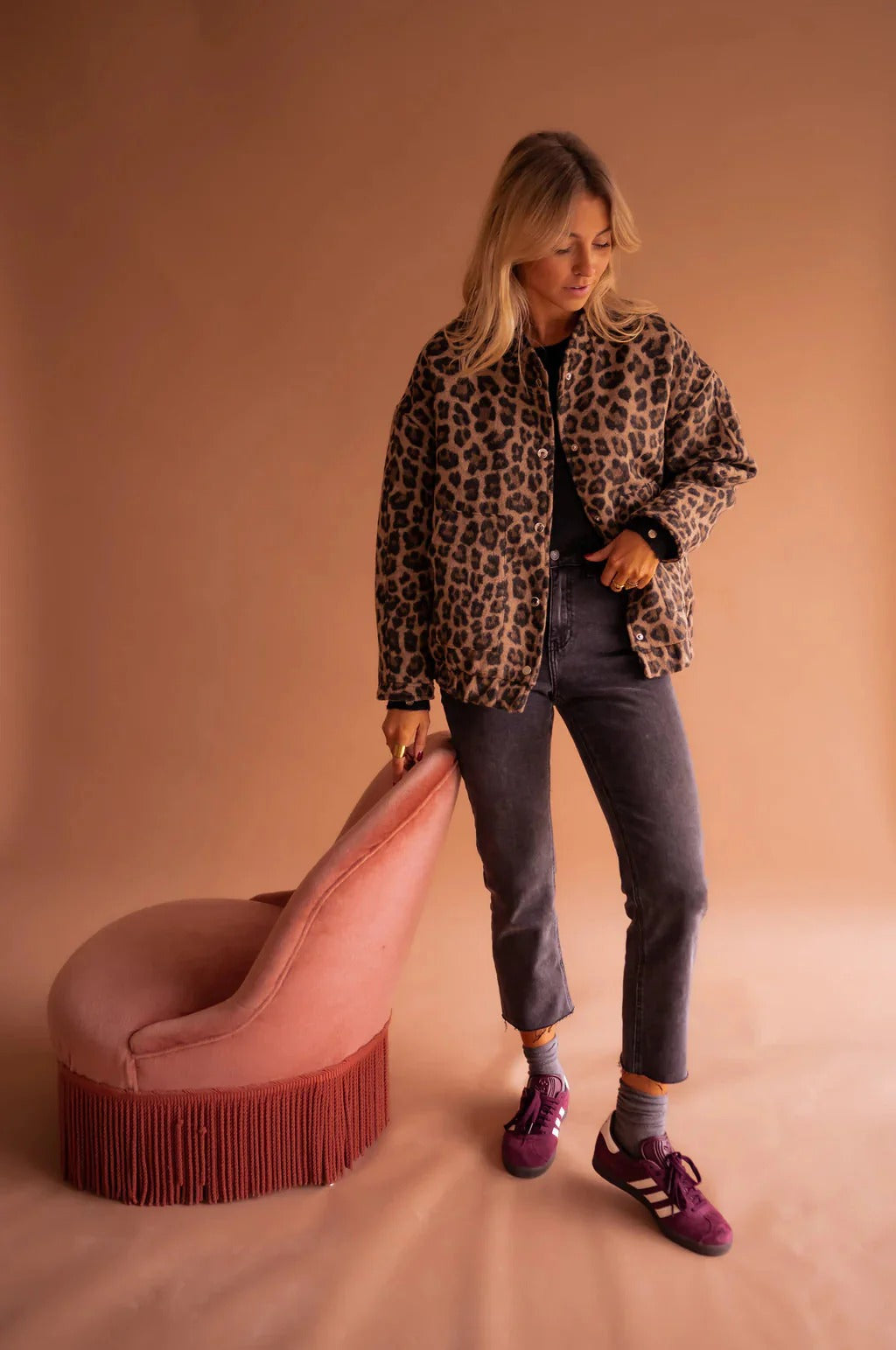 Women's Teddy Bomber Jacket with Leopard Print for Fall